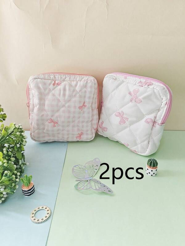 2 Pcs Fashionable Bowknot Printed Sanitary Napkin Storage Bags Can Store Data Cables Change Earphones Lipsticks And Other Sundries Suitable For Women Suitable For Travel And Home Use
