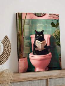 1pc Black Cat Bathroom Wall Art Poster, Abstract Cat Reading Newspaper With Modern Plant Pattern Colorful Canvas Poster Print Decor, Suitable For Living Room Bedroom, Frame Optional - Multicolor - View 3