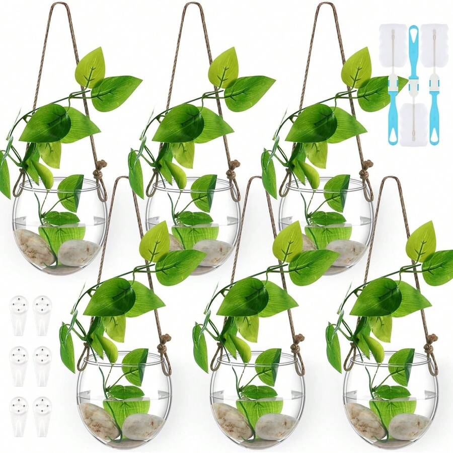 6 Pcs Wall Hanging Planter Glass Plant Pot Water Terrarium Containers Wall Vases For Flowers Air Hydroponic Propagation Glass Plant Holder Home Room Window Office(Oblate) - Oblate - View 1