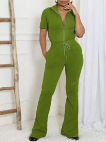 Set casual da due pezzi con colletto a lupetto, tasche e cerniere, colore verde