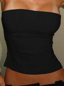 Women's Solid Color Front Slit Tube Top (Without Padding), Summer Wear - Black - View 5