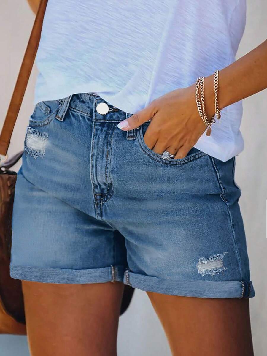 跨境美式街头风新款夏季百搭度假风宽松简约休闲下摆磨破纯色水洗女牛仔裤 - 深色水洗藍 - 查看 1