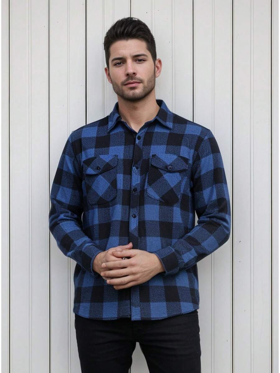 Men's Plaid Flannel Long Sleeve Shirt Ready For Delivery - Màu xanh lam - Xem 1