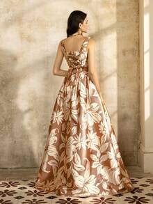 Faeriesty Printing Vintage Square Neck Sleeveless Floral Print Dress With Back Tie Closure - Flowy Feminine Design For Spring Summer, Garden Parties, Weddings & Evening Events,Vacation Essentials - Khaki - View 2