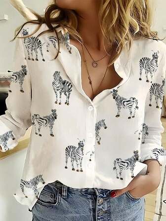 Blusa de mujer de moda nueva de manga larga con un solo botonadura y estampado