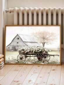 1 pieza Cartel de impresión de granero de carretera, paisaje de granja con flores para decoración de pared de sala de estar, póster listo para colgar, con opción de marco
