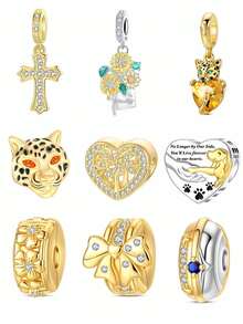 镀银吊坠饰品系列：十字架、豹纹蝴蝶结、三叶草、树、心形、金珠，适合DIY手链和女士首饰 - 銀色 - 查看 1