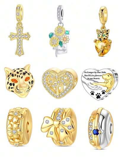 镀银吊坠饰品系列：十字架、豹纹蝴蝶结、三叶草、树、心形、金珠，适合DIY手链和女士首饰