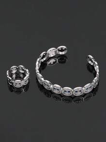 2pcs Set Luxury Elegant Smiling Face Bangle And Ring Set, Fashion Minimalist Copper Alloy Cubic Zirconia Jewelry Set, Valentine's Jewelry Gift