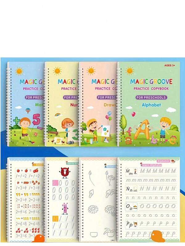 (4pcs Writing Notebook + 1 Pencil Case + 10pcs Pencil Refills + 1 Writing Grip) English Copybook, Children English Practice Book With Alphabet, Magic Copybook For Learning Alphabet For Boys And Girls (Random Color Pencil Grip)