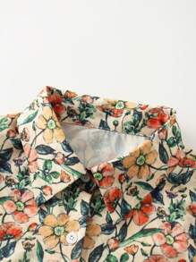 CMC Women's Floral Print Sleeveless Collared Shirt | Elegant Polyester Blouse | Vibrant Orange Green | Machine Washable | Spring/Summer Collection | Fashionable Button Design, Women's Shirt