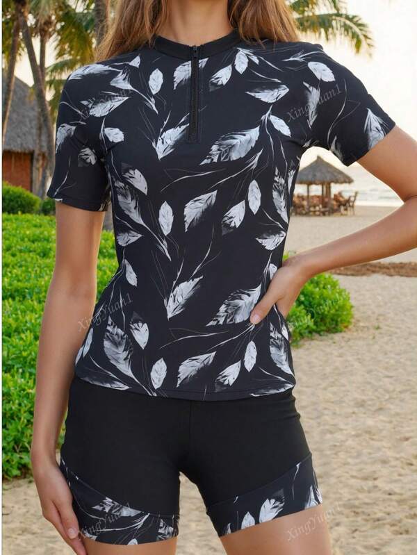 Set de traje de baño tipo tankini de 2 piezas con blusa de manga corta y pantalones cortos deportivos con estampado de hojas y bloques de color para verano