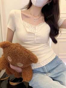 Women's Solid Color Button Half Placket Short Sleeve Casual T-Shirt, Summer