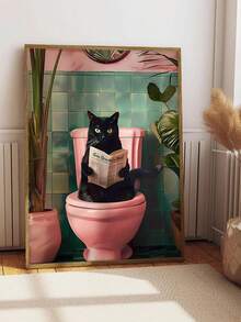 1pc Black Cat Bathroom Wall Art Poster, Abstract Cat Reading Newspaper With Modern Plant Pattern Colorful Canvas Poster Print Decor, Suitable For Living Room Bedroom, Frame Optional - Multicolor - View 7