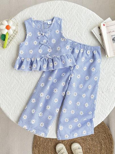 2pcs/Set Girls Summer Daisy Print Blue Plaid Top And Pants Set