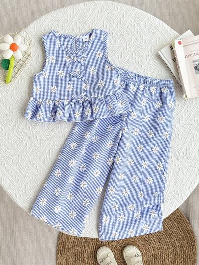 2pcs/Set Girls Summer Daisy Print Blue Plaid Top And Pants Set