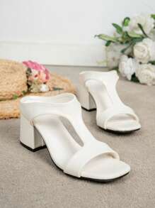 Sandalias de tacón grueso con tira en T para mujer, sandalias de tacón alto con punta cuadrada