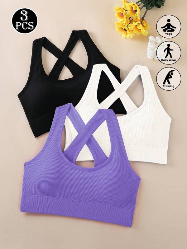 Set de 3 sujetadores deportivos con tirantes cruzados para mujeres, tops con estilo bustier sin espalda para yoga, fitness y entrenamiento