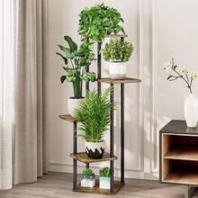 Plant Stand 5 Tier Indoor Metal Flower Shelf For Multiple Plants Corner Tall Flower Holders For Patio Garden Living Room Balcony Bedroom, Black (5 Tier-Black) - 5層-黑色+鄉村棕色 - 查看 2