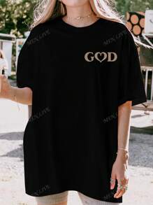 Summer Christian Graphic T-Shirt, Bible Verse Print "Living Proof Of A Loving God, I John 4:9-10", Casual Loose Fit Batwing Short Sleeve Tee, Suitable For Summer Vacation & Christian Women