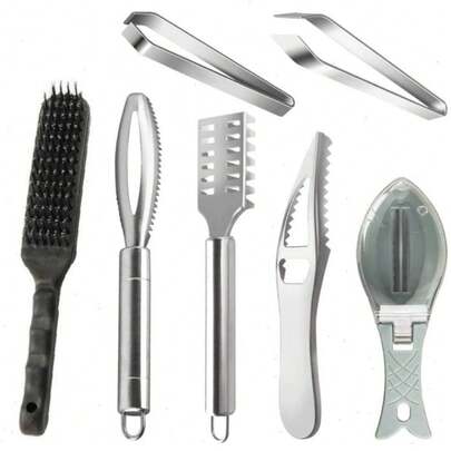 7pcs Fish Scaler Remover Set - Stainless Steel, Sawtooth, Fish Scraper, Bone Tweezers, Skin Peeler - Multi-Purpose Tools For Family, Seafood Markets