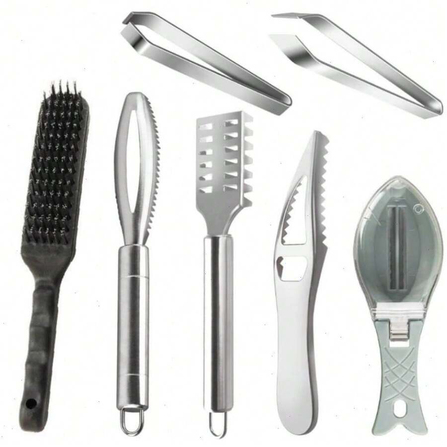 7pcs Fish Scaler Remover Set - Stainless Steel, Sawtooth, Fish Scraper, Bone Tweezers, Skin Peeler - Multi-Purpose Tools For Family, Seafood Markets - 7件套 - 查看 1