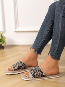 复古波西米亚风格女士家居拖鞋，厚底室内亚麻拖鞋，防滑橡胶底，适合夏季