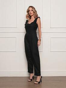 DUOUNO MODAS - WOMEN'S LINEN OVERALLS WITH RUFFLES ON THE STRAPS - ELEGANT WOMEN'S OVERALLS - 黑色 - 查看 6