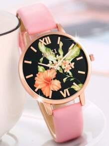 5er Set Damen Uhr mit pinkem PU Lederarmband, Quarzuhr mit modischem Strass-besetztem geometrischem Ziffernblatt, verzaubernd mit mehrfarbiger Kristall Blumen Halskette, Ohrringe, Ringe, eleganter und feiner Schmuck für den täglichen Trag, Schulanfang, Abschlussfeier, Erntedankfest, Paare, die perfekten Geschenkideen, Uhrenbox nicht enthalten