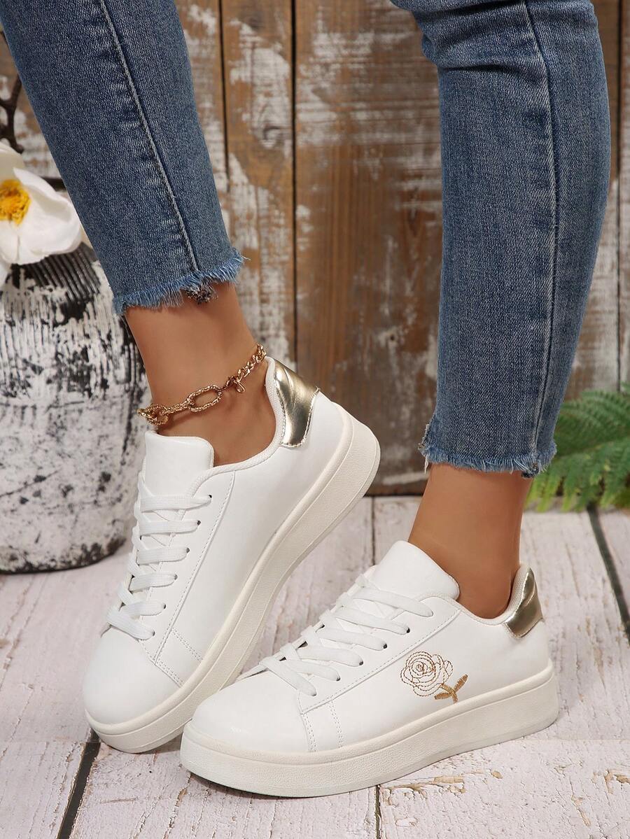 2025 Season Lace-Up Casual Sports College Style Embroidery Sneakers, Student Shoes, Versatile White Sneakers, Platform Increased Height Sports Shoes, Fashionable Versatile Gold Embroidered Rose Sports Shoes - White - View 1