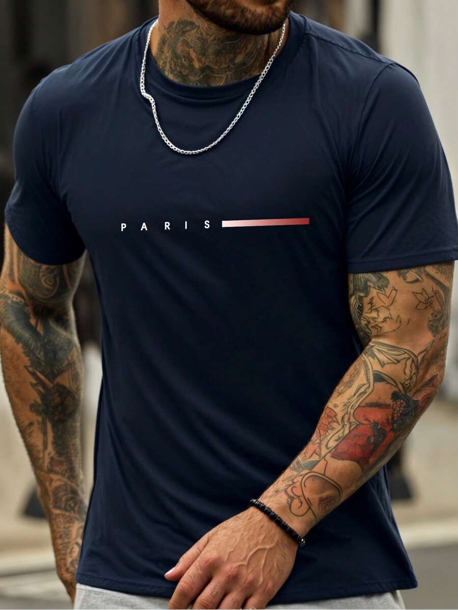 男士户外运动单线埃菲尔铁塔图案 T 恤，休闲百搭，适合徒步旅行、钓鱼、日常穿着、春夏季 - 藏蓝色 - 查看 1