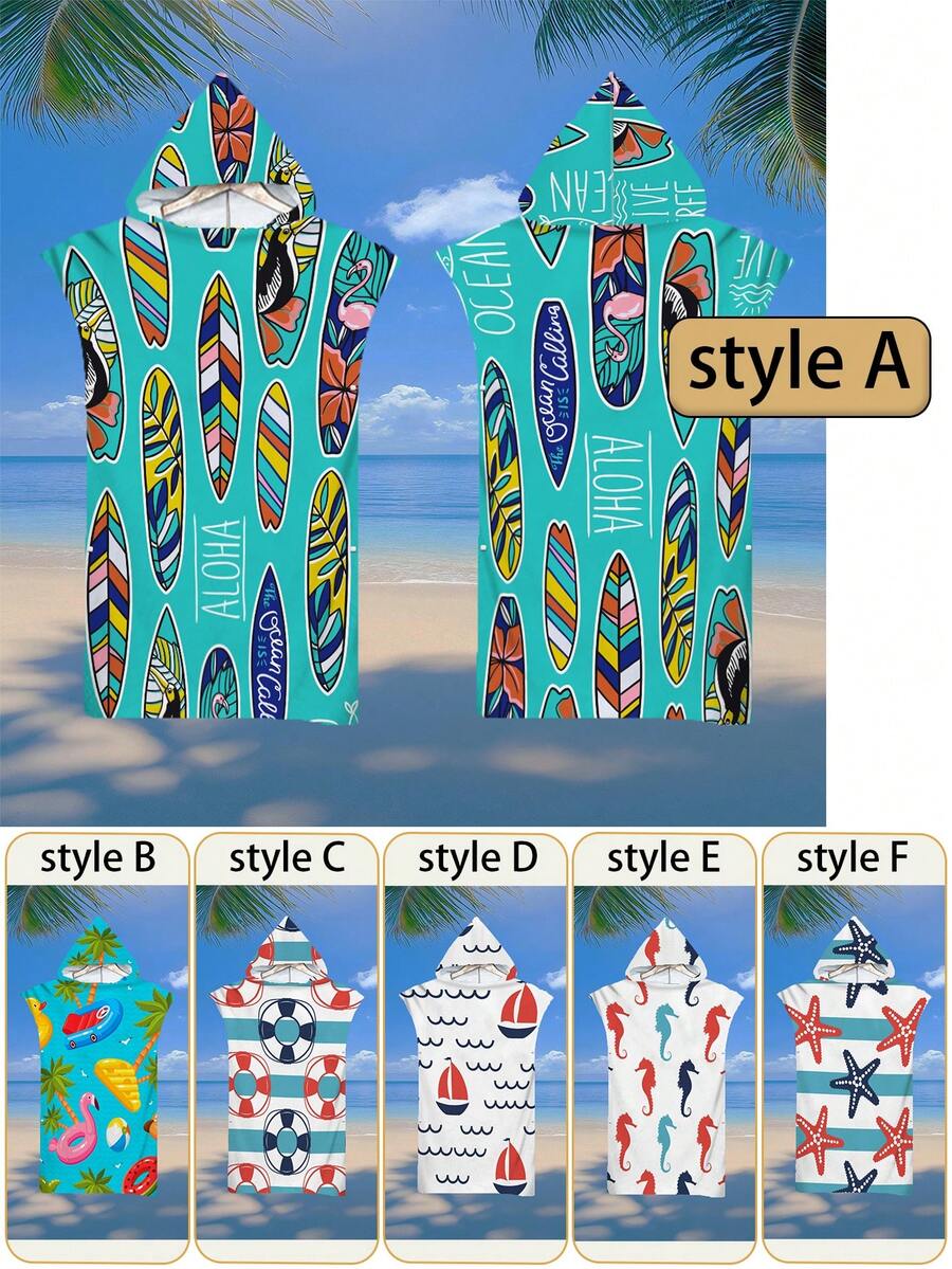1 件海洋元素连帽印花斗篷，帆船、救生圈、海马、海星、火烈鸟印花沙滩巾，超柔软纤维沙滩毯和连帽沙滩巾二合一，带纽扣，解开纽扣可转换为沙滩毯，超强吸水毛巾，适合旅行、泳池、潜水、冲浪、瑜伽、露营