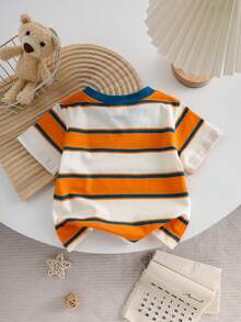 Baby Striped Short Sleeve T-Shirt, High Stretch Soft Breathable Cotton Tee, Lightweight Summer Top - Yellow - View 2