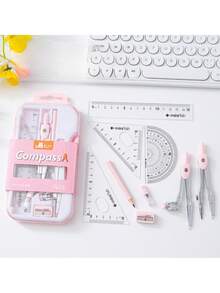 9pcs Student Drawing Tools Set, For Design Sketching, Office, Exam, PP Material, Math & Geometric Art Supplies, Including Compass, Ruler, Set Square, Protractor, Pencil Sharpener, Ideal Gift For School, Students, Back To School - Multicolor - View 1