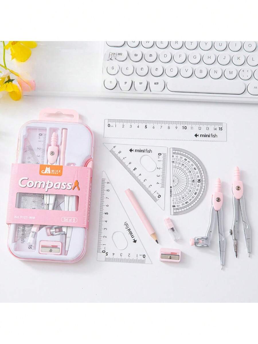 9pcs Student Drawing Tools Set, For Design Sketching, Office, Exam, PP Material, Math & Geometric Art Supplies, Including Compass, Ruler, Set Square, Protractor, Pencil Sharpener, Ideal Gift For School, Students, Back To School - Multicolor - View 1