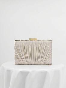 Women's Classic Box Pleated Satin Design Evening Clutch Bag, Minimalist Party Handbag, Suitable For Formal Events, Weddings, Proms - Romantic Apricot Bridal Clutch - Apricot - View 6