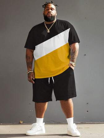 男士大码街头休闲简约拼色印花 T 恤和短裤套装