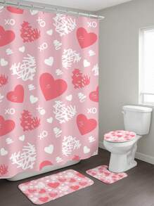 1/4pcs Luxurious Love-Themed Bathroom Set - Slip-Resistant Shower Curtain With A Football Pattern And U-Shaped Seat Cushion, Plus A Pair Of Slip-Resistant Foot Mats That Can Be Given As Gifts (Machine Washable) Room Decor Bathroom Accessories Back To School