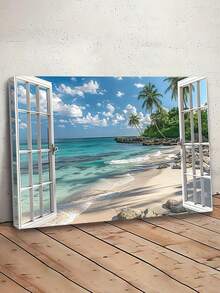 1 Pc Beach Wall Arts, Window Frame Style Sea Canvas Wall Decor Ocean Lavender Pictures, Blue Sea And Boat Sailing Ocean Island Canvas, Nature Seascape Posters For Living Room Office Bedroom Home, Optional Framed