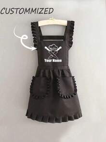 1pc Customized Printed Apron, Elegant Ladies Customized Printed Apron, Waterproof And Stain-Resistant, Cute Lace Skirt Apron, Black Anti-Stain Apron, Sleeveless Apron, Suitable For Home, Kitchen, Nail Salon, Cooking, Baking, Nail Salon, Ladies Workwear, Coffee Smock, Household Cooking Cleaning Sleeveless Bib Apron, Customizable Text And Personalized Photo Cooking Supplies, Washing Gloves - Multicolor - View 12