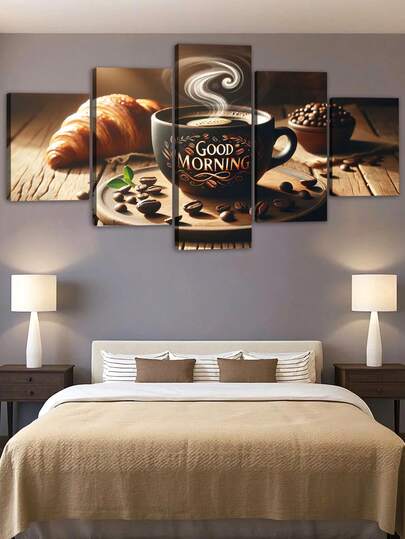 Decoración de pared enmarcada de 5 piezas, patrón de café, croissant y grano de café, adecuado para comedor, oficina, sala de estar, cafetería, bar, hogar, dormitorio, regalo del Día de la Madre