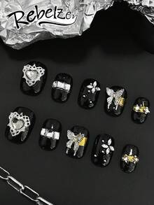 10 Pieces Of Hand Pressed Square Nails, Dark Style Nail Art, Beautiful Fake Nails, DIY, Halloween Nails, Butterfly, Heart Nail Accessories, Black Nail Sequins, Suitable For Girls And Ladies For Weddings, Parties, Holiday Scenes, Gift A Nail Kit - Black and White - View 1