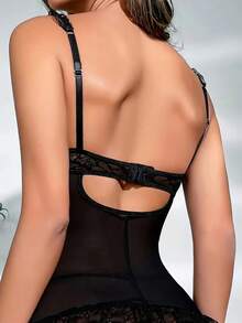 女士性感蕾丝内衣套装，包含1件睡袍和1条镂空性感丁字裤 - 黑色 - 查看 3