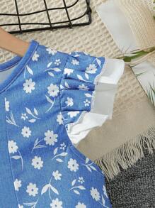 Vestido de verano para niña con estilo rústico, versátil, con estampado de denim falso, cuello redondo, mangas con volantes y parches