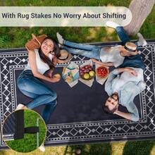 Studyset Outdoor Rug 8x10 Plastic Straw Rug Waterproof Patio Rug,Reversible Rug,Foldable Lightweight Outdoor Carpet With Storage Bag,4 Stakes,Outdoor Mat Reversible Camping Carpet Camping Mat For Deck,Garden - Border-navy/White - View 6