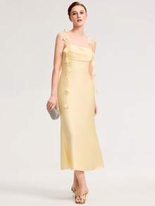 EVERPRETTY Vestido de dama de honor amarillo lindo de verano, vestido de invitada de boda de longitud media con tirantes de satén y flores 3D, adecuado para bodas, cumpleaños, galas, fiestas y otras ocasiones - Amarillo - Ver 4