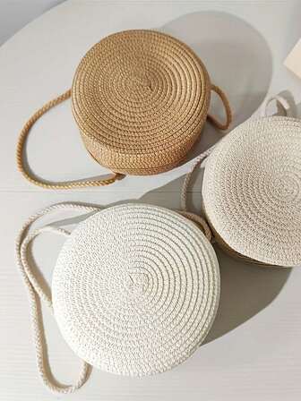 Chic Round Woven Crossbody Bag For Women - Handmade Straw Shoulder Purse, Perfect For Beach Vacations, Available In Khaki, White, And Cream, Stylish Carryall, Bohemian Style, Zipper Closure, Beach Bag Accessories , Bohemian Outfit For Women