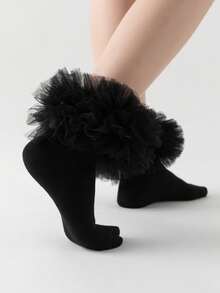 1 Pair Kawaii Women Mesh Patchwork Ruffle Hem Knee High Socks - Multicolor - View 4