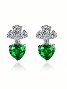 1 Pair, Minimalist Summer European & American Gift, Fashion Zirconia Heart-Shaped Gem Stud Earrings, Suitable For Women's Holiday Decoration And Wearing