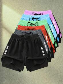 1pc Women's Athletic Shorts For Summer, Lightweight Breathable Drawstring Geometric Print Elastic Waist Sports Shorts For Outdoor Running, Fitness - Black - View 2